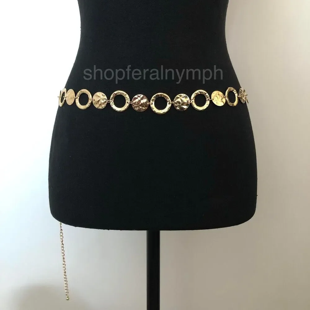 Y2K Boho Gold Hammered Coin Circle Chain Belt, Fits 20-44 Inches, X7GA1152